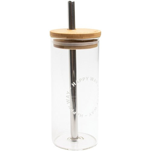 HAPPY WAY Glass Tumbler with Stainless Steel Straw 580ml