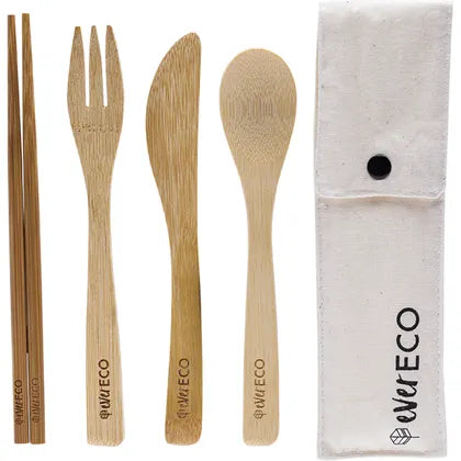 EVER ECO Bamboo Cutlery Set with Chopsticks & Organic Cotton Pouch