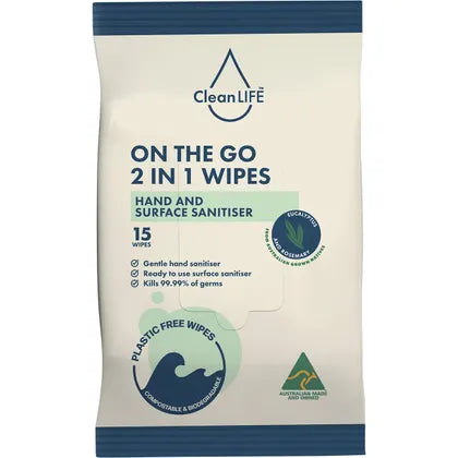 CLEANLIFE 2 In 1 Plastic Free Wipes Hand and Surface Sanitiser 15pk