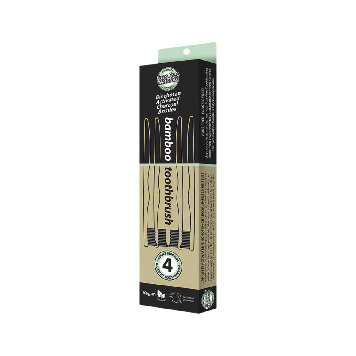 Essenzza Fuss Free Naturals Bamboo Toothbrush with Activated Charcoal Bristles Medium x 4 Pack