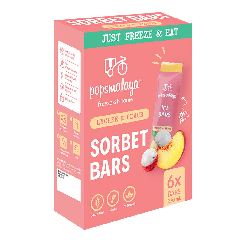 POPS MALAYA Freeze-at-home Sorbet Bars - Lychee & Peach 6x45ml